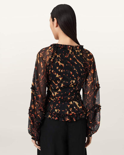 AllSaints Silvie Ruffled Top Women's Pardus Flame Brown Women's