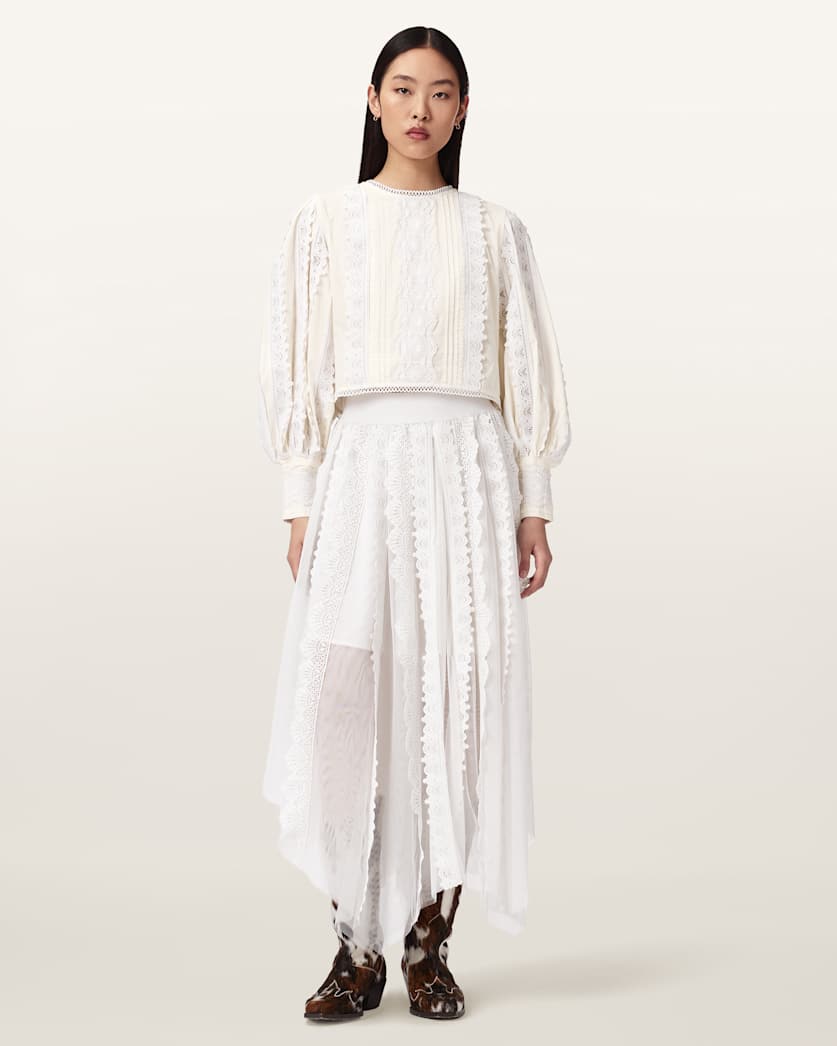 AllSaints Hart Lace Embroidered Top Women's Optic White Women's