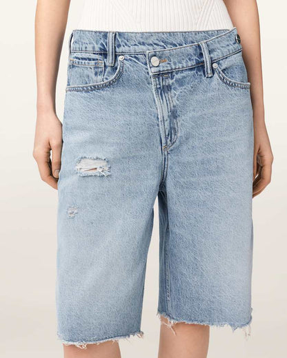 AllSaints Aki Crossover Wide Leg Denim Shorts Women's Destroy Light Blue Women's
