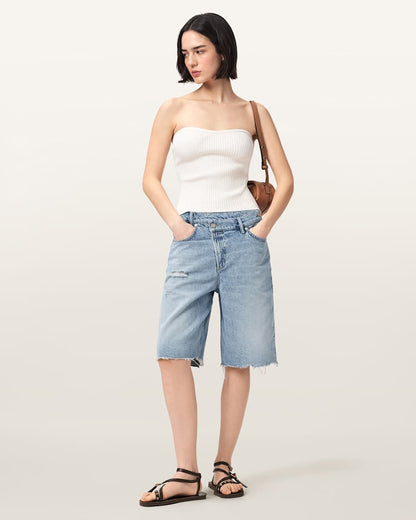 AllSaints Aki Crossover Wide Leg Denim Shorts Women's Destroy Light Blue Women's