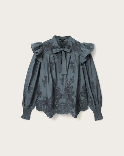 AllSaints Nisa Embroidered Cotton Top Women's Steel Blue Women's