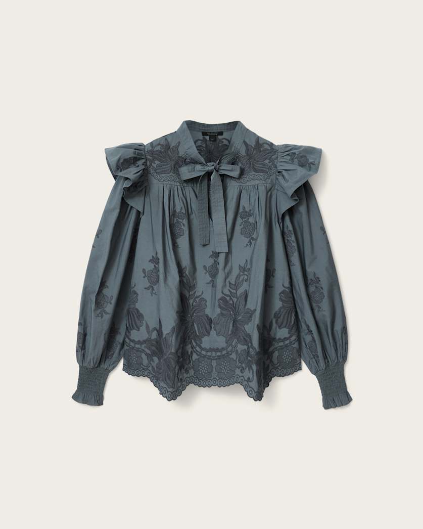 AllSaints Nisa Embroidered Cotton Top Women's Steel Blue Women's