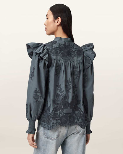 AllSaints Nisa Embroidered Cotton Top Women's Steel Blue Women's