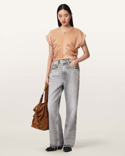 AllSaints Mira Cropped Satin Drawcord T Shirt Women's Rust Brown Women's