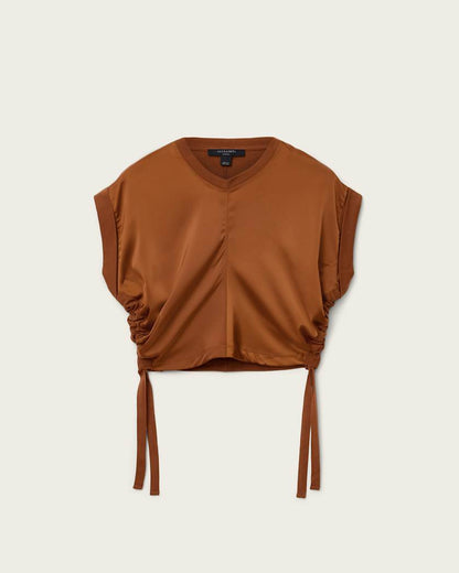 AllSaints Mira Cropped Satin Drawcord T Shirt Women's Rust Brown Women's