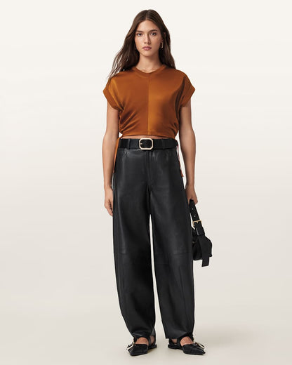 AllSaints Mira Cropped Satin Drawcord T Shirt Women's Rust Brown Women's