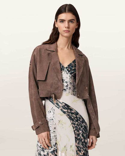 AllSaints Ophelia Cropped Suede Jacket Women's Mole Brown Women's