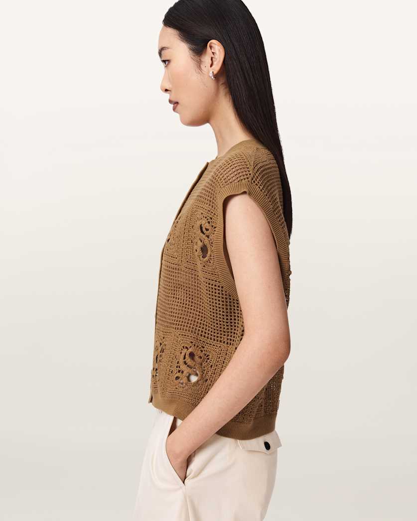 AllSaints Kyra Crochet Cotton Waistcoat Women's Pinto Brown Women's