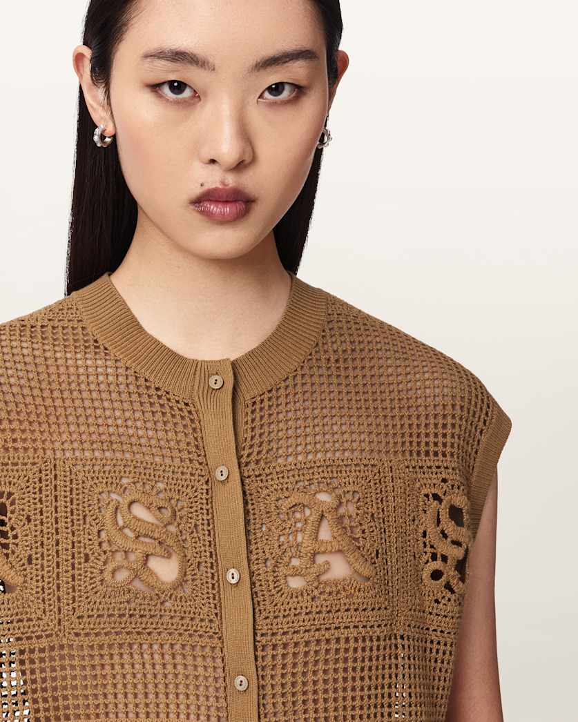 AllSaints Kyra Crochet Cotton Waistcoat Women's Pinto Brown Women's