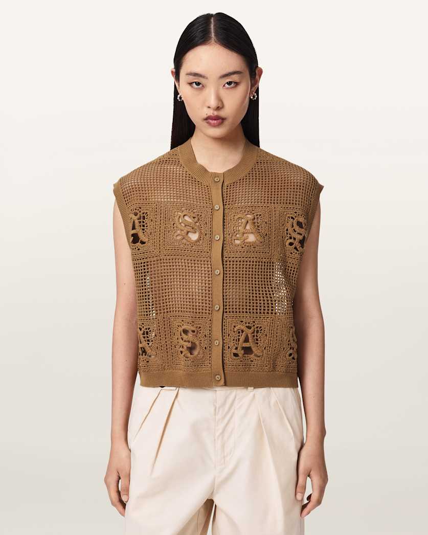 AllSaints Kyra Crochet Cotton Waistcoat Women's Pinto Brown Women's
