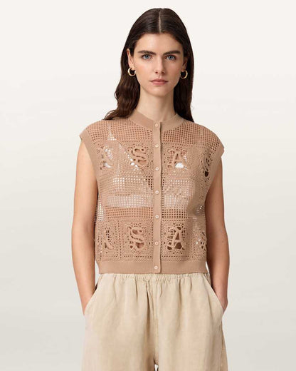 AllSaints Kyra Open Knit Crochet Cotton Vest Women's Plaster Pink Women's