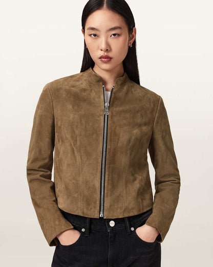 AllSaints Sadler Slim Fit Suede Jacket Women's Walnut Brown Women's