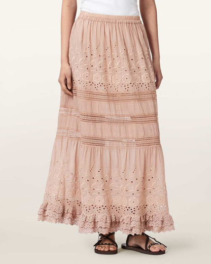 AllSaints Camille Embroidered Tiered Maxi Skirt Women's Plaster Pink Women's