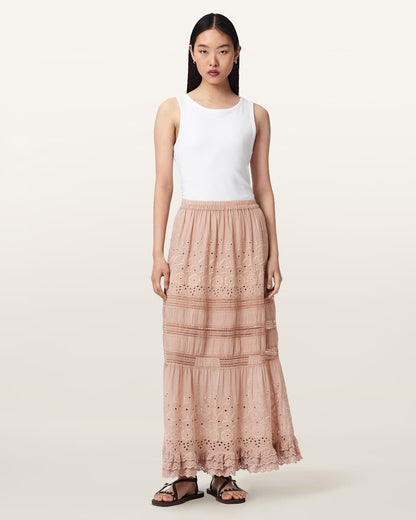 AllSaints Camille Embroidered Tiered Maxi Skirt Women's Plaster Pink Women's