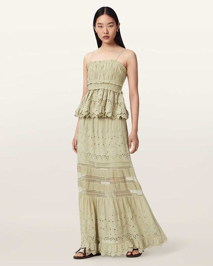 AllSaints Camille Embroidered Tiered Maxi Skirt Women's Plaster Pink Women's