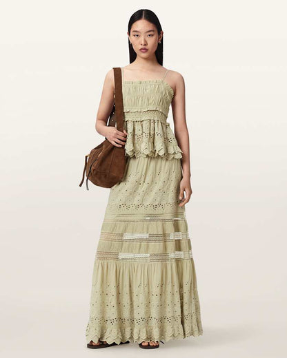 AllSaints Camille Embroidered Tiered Maxi Skirt Women's Plaster Pink Women's