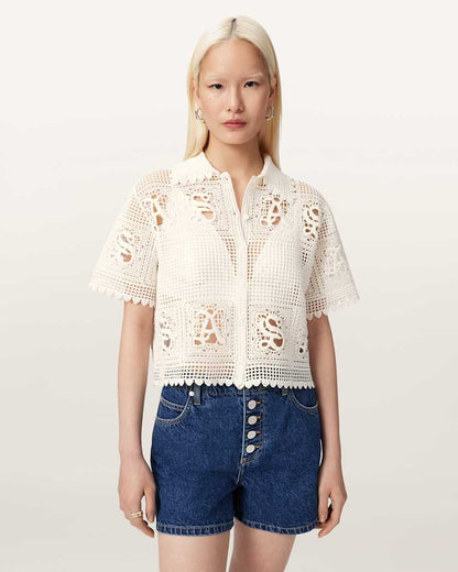 AllSaints Kyra Crochet Cropped Polo Women's Chalk White Women's
