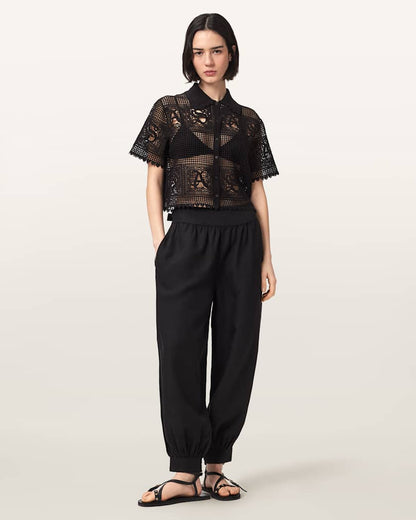AllSaints Kyra Crochet Cropped Polo T Shirt Women's Black Women's