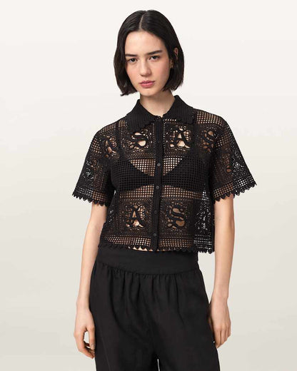 AllSaints Kyra Crochet Cropped Polo T Shirt Women's Black Women's