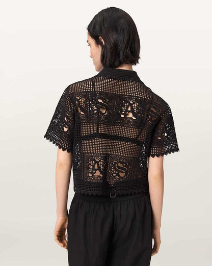 AllSaints Kyra Crochet Cropped Polo T Shirt Women's Black Women's