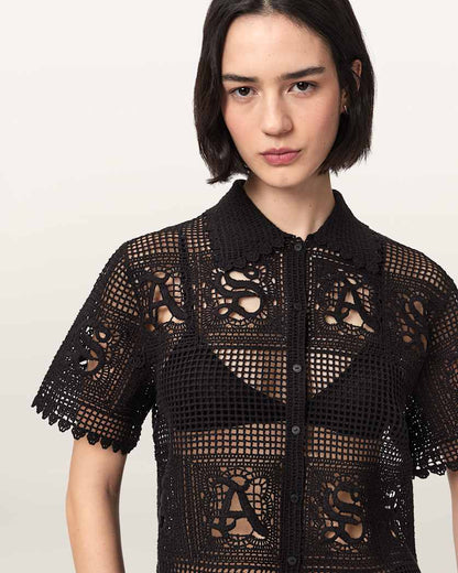 AllSaints Kyra Crochet Cropped Polo T Shirt Women's Black Women's