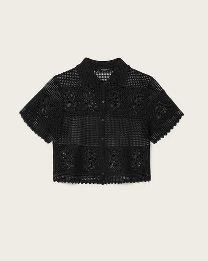 AllSaints Kyra Crochet Cropped Polo T Shirt Women's Black Women's