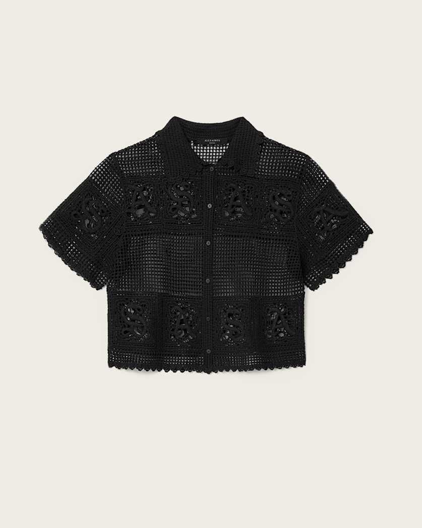 AllSaints Kyra Crochet Cropped Polo T Shirt Women's Black Women's