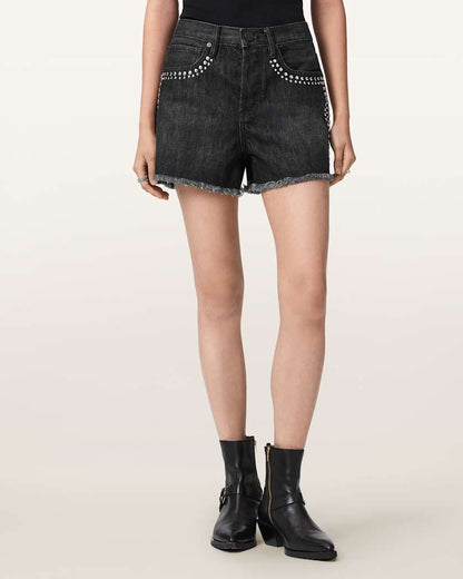 AllSaints Heidi High Waisted Stud Denim Shorts Women's Shadow Black Women's