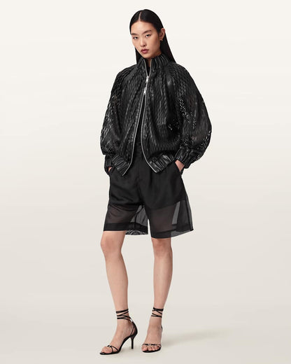 AllSaints Dual Relaxed Fit Leather Bomber Jacket Women's Black Women's