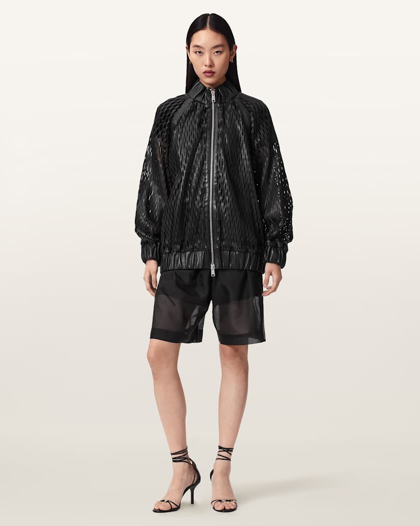 AllSaints Dual Relaxed Fit Leather Bomber Jacket Women's Black Women's
