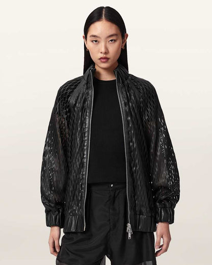 AllSaints Dual Relaxed Fit Leather Bomber Jacket Women's Black Women's