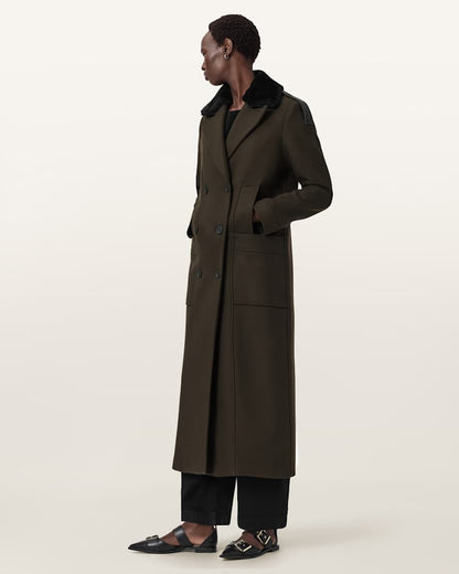 AllSaints Millie Double Breasted Coat Women's Khaki Green Women's