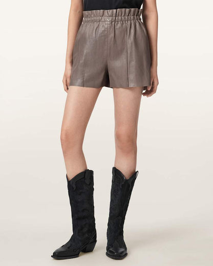 AllSaints Fran High Rise Leather Shorts Women's Mole Brown Women's