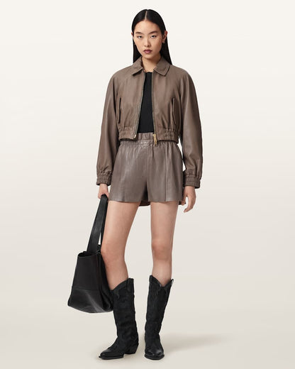 AllSaints Fran High Rise Leather Shorts Women's Mole Brown Women's