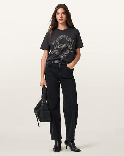 AllSaints Drip Embellished Boyfriend T Shirt Women's Washed Black Women's