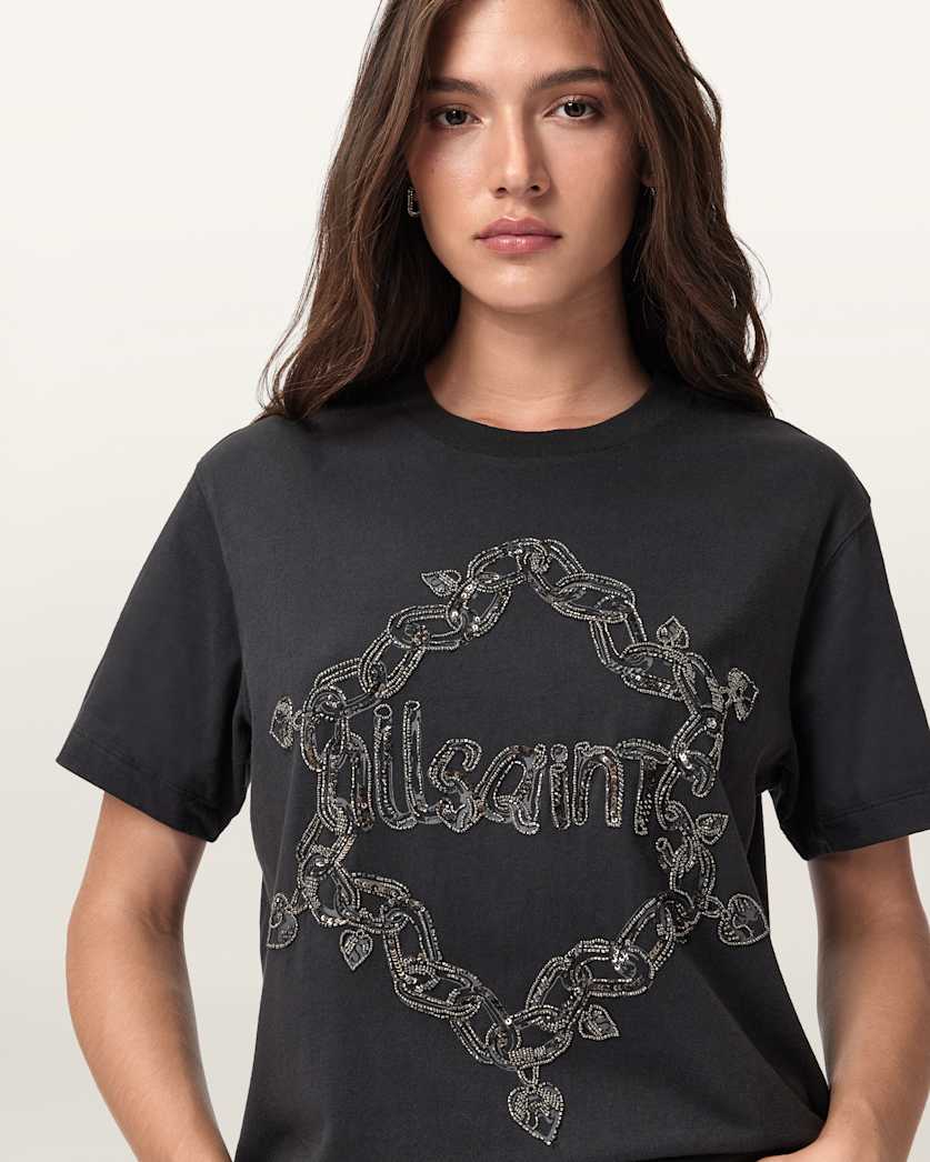 AllSaints Drip Embellished Boyfriend T Shirt Women's Washed Black Women's