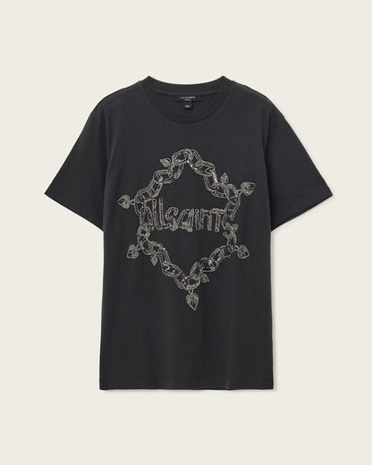 AllSaints Drip Embellished Boyfriend T Shirt Women's Washed Black Women's