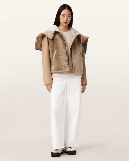 AllSaints Dexter Shearling Bomber Jacket Women's Taupe Brown Women's
