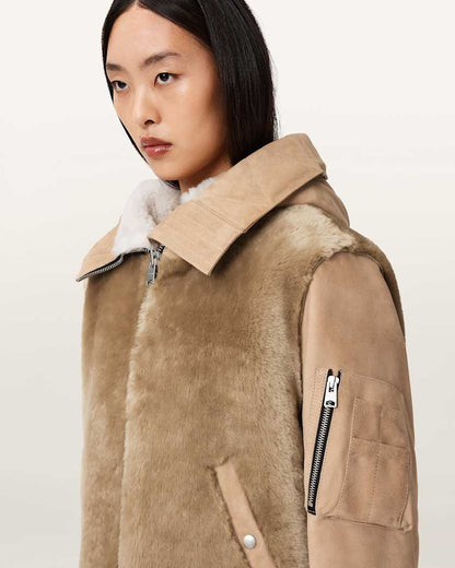 AllSaints Dexter Shearling Bomber Jacket Women's Taupe Brown Women's