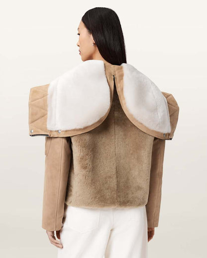 AllSaints Dexter Shearling Bomber Jacket Women's Taupe Brown Women's
