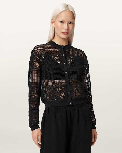 AllSaints Kyra Open Knit Crochet Cardigan Women's Black Women's