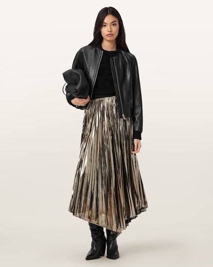 AllSaints Jax Pleated Midi Skirt Women's Metallic Silver Women's
