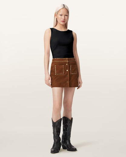 AllSaints Alice Suede Studded Mini Skirt Women's Cognac Brown Women's