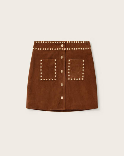 AllSaints Alice Suede Studded Mini Skirt Women's Cognac Brown Women's