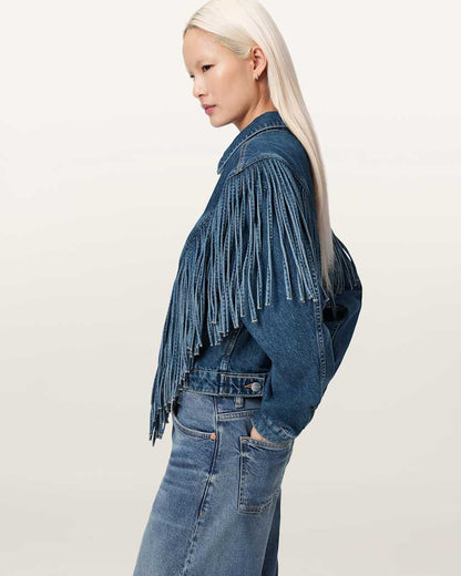 AllSaints Marlene Westen Tassel Denim Jacket Women's Dark Indigo Women's