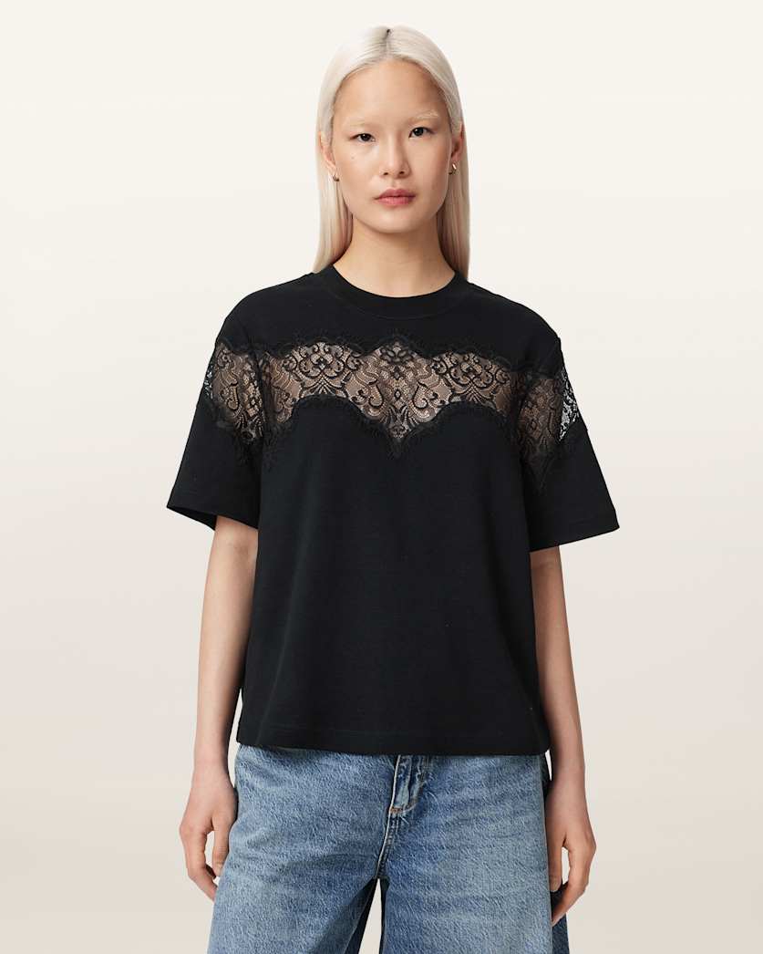 AllSaints Lisa Lace Amelie T Shirt Women's Black Women's