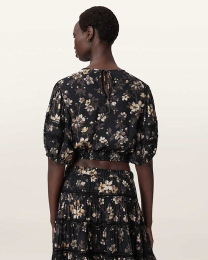 AllSaints Peony Lace Trim Cropped Top Women's Vine Black Women's