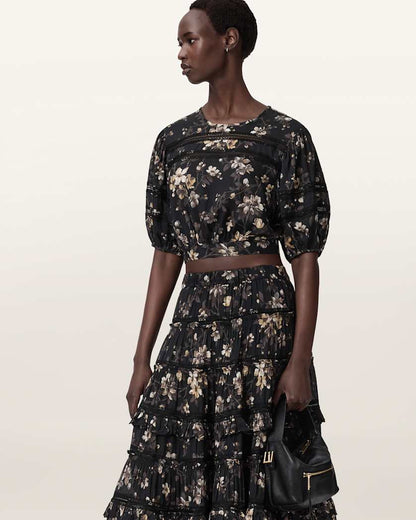 AllSaints Peony Lace Trim Cropped Top Women's Vine Black Women's