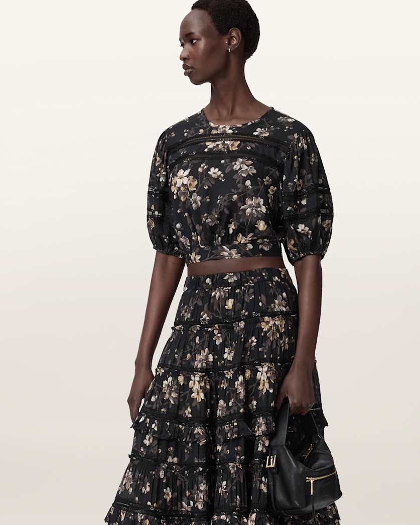 AllSaints Peony Lace Trim Cropped Top Women's Vine Black Women's
