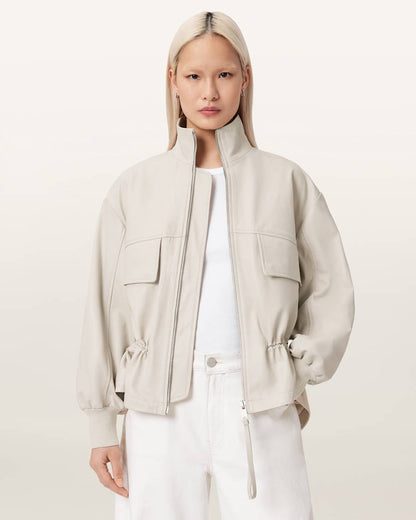 AllSaints Flor Leather Jacket Women's Off White Women's